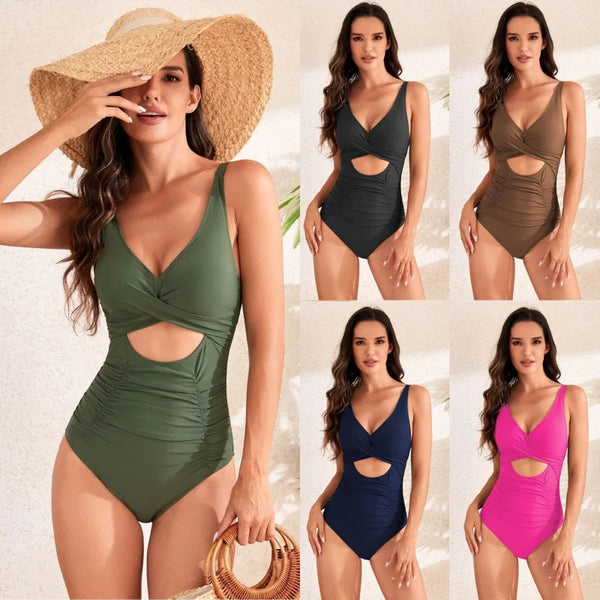 Trendy One-Piece Solid Color Tummy Control & Cross Back Swimsuit