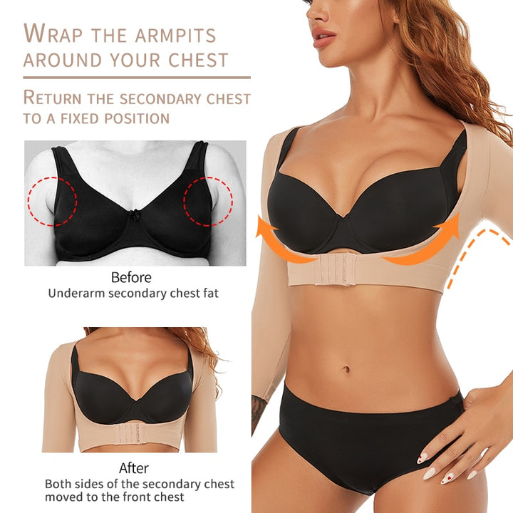 Upper Arm Shapers Compression Long Sleeves Women Arm Shapewear Humpback  Posture Corrector Shoulder Breast Support Push U Color Black size M-L